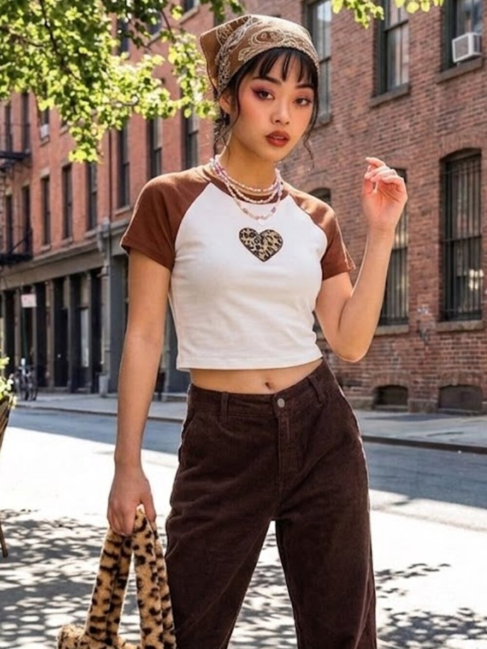 Y2K White Crop Tee with Brown Raglan Sleeves and Leopard Heart